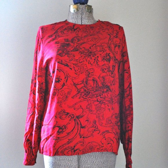 100% Silk Red Cherub patterned Blouse - Picture 3 of 7